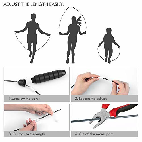 Instructions to adjust jump rope length with illustrations.