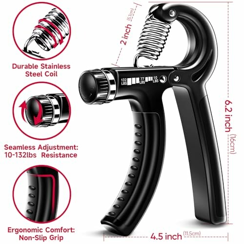 Adjustable hand grip strengthener with measurement details.