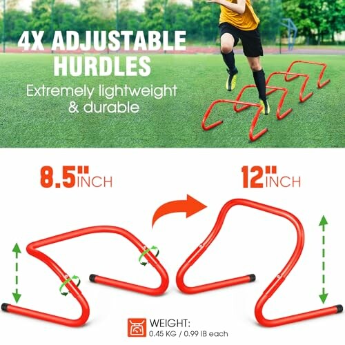 Person using adjustable hurdles on grass, showcasing lightweight and durable design with size options.