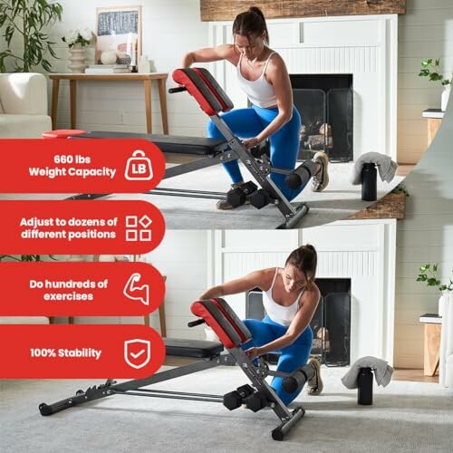 Woman using adjustable weight bench in living room.