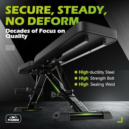 Adjustable weight bench with high-ductility steel and strength bolt features.