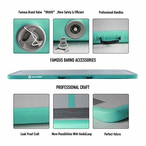 Airtrack gymnastics mat showing valve, handles, and construction details.