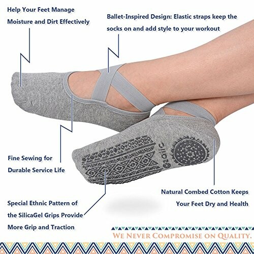 Gray ballet-inspired grip socks with elastic straps and detailed sole design.