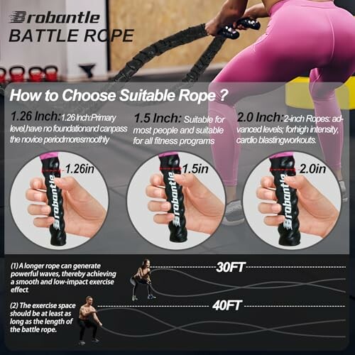 Guide on choosing suitable battle rope size and length.