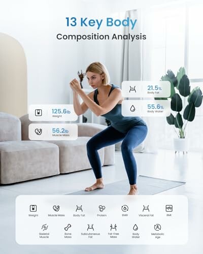 Woman performing squats with body composition analysis data overlay.