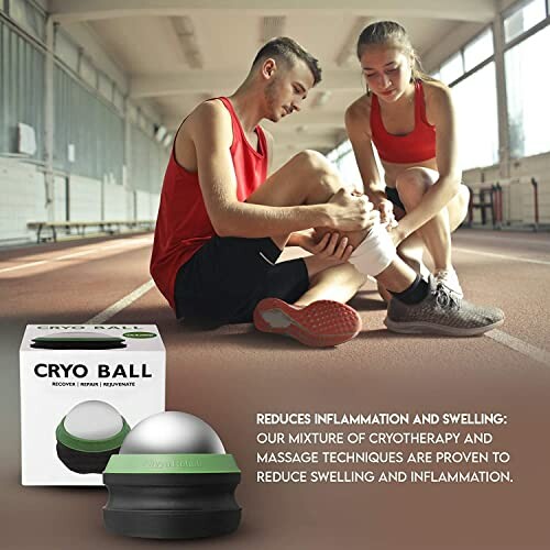 Two athletes using a Cryo Ball for leg therapy on an indoor track.