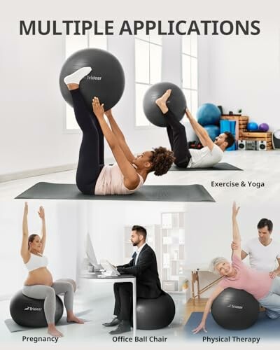 People using exercise balls for yoga, office chair, pregnancy, and therapy.