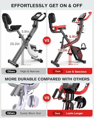 Comparison of two exercise bikes highlighting seat height and durability features.