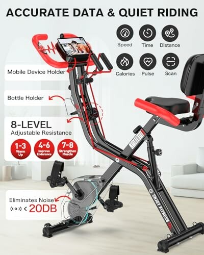 Exercise bike with adjustable resistance and quiet operation features.