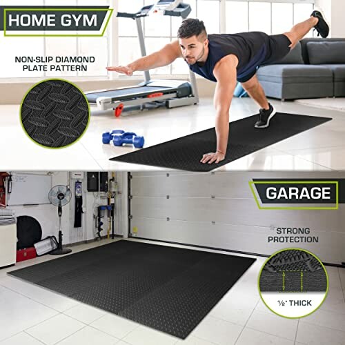 Man exercising on a non-slip mat in home gym and garage.