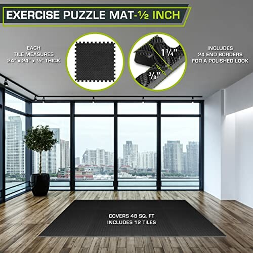 Black exercise puzzle mat set in a room with city view, includes tiles and borders.