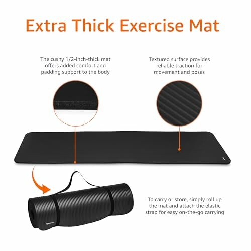 Black extra thick exercise mat with text describing features.