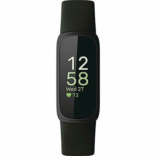 Black fitness tracker displaying time and heart rate