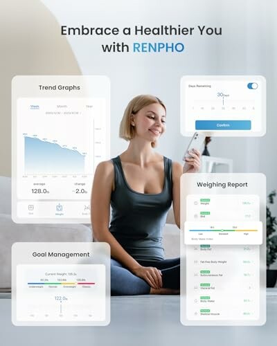 Woman using health app with trend graphs and reports.