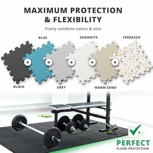 Interlocking floor mats in various colors for gym equipment protection.