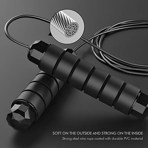 Jump rope with strong steel wire rope and PVC coating.