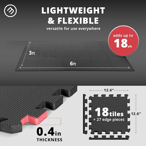 Lightweight and flexible floor mat, 18 square feet coverage, 18 tiles with edge pieces.