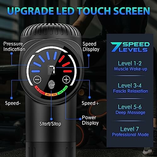 LED touch screen of a massage gun showing speed levels and power display.