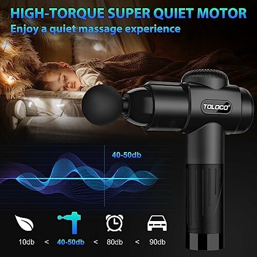 Black massage gun with sleeping child in background, highlighting quiet motor feature.