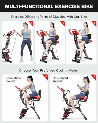 Multi-functional exercise bike demonstrating muscle exercises and cycling modes.