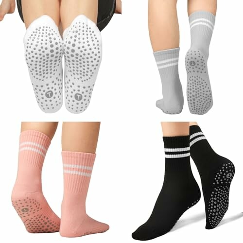 Four pairs of non-slip socks in white, gray, pink, and black.