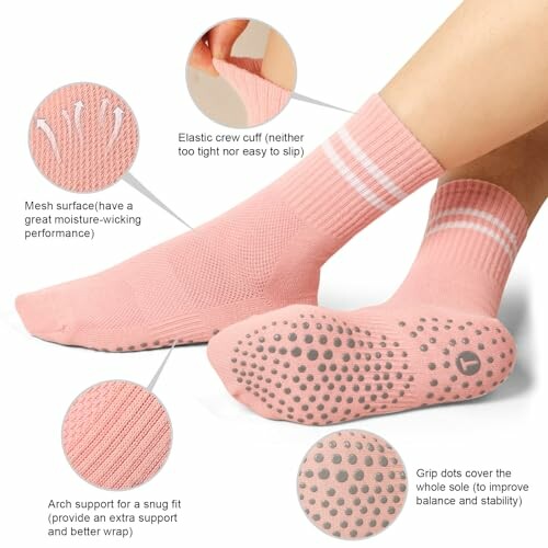 Pink grip socks with mesh surface, elastic crew cuff, arch support, and grip dots.