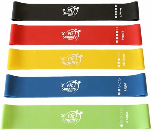 Set of five resistance bands in different colors and strengths.