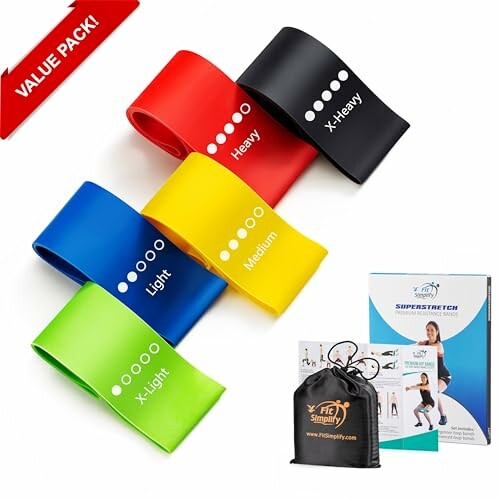 Set of colorful resistance bands with carrying bag and exercise guide.