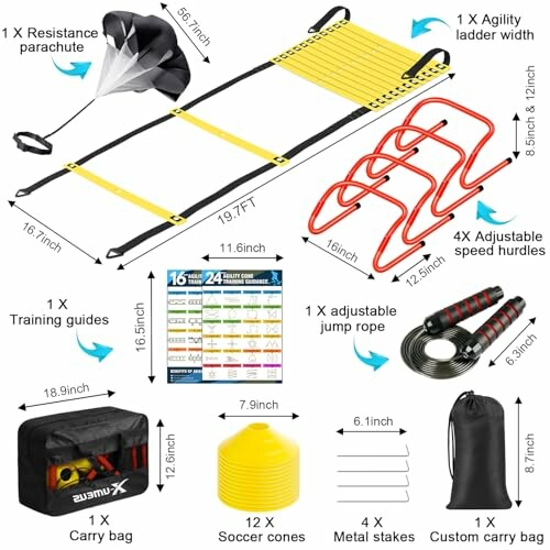 Sports training equipment set with agility ladder, resistance parachute, speed hurdles, soccer cones, jump rope, and carry bags.