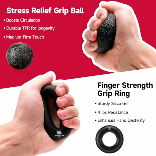 Hand squeezing stress relief grip ball and finger strength ring.