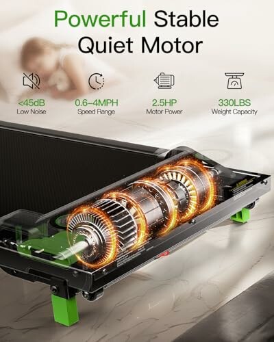 Treadmill motor features with low noise, speed range, motor power, and weight capacity.