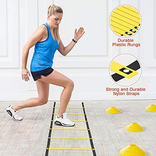 Woman exercising with agility ladder and cones indoors.