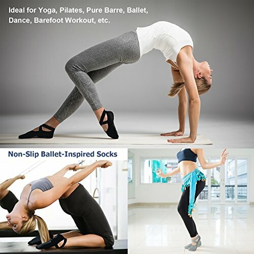 Women practicing yoga and dance wearing non-slip ballet-inspired socks.