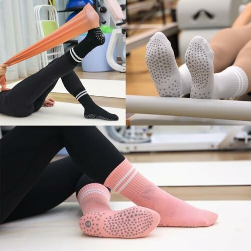 People wearing non-slip grip socks during exercise.